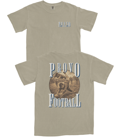 Beige t-shirt with 'Provo Football' design on a white background