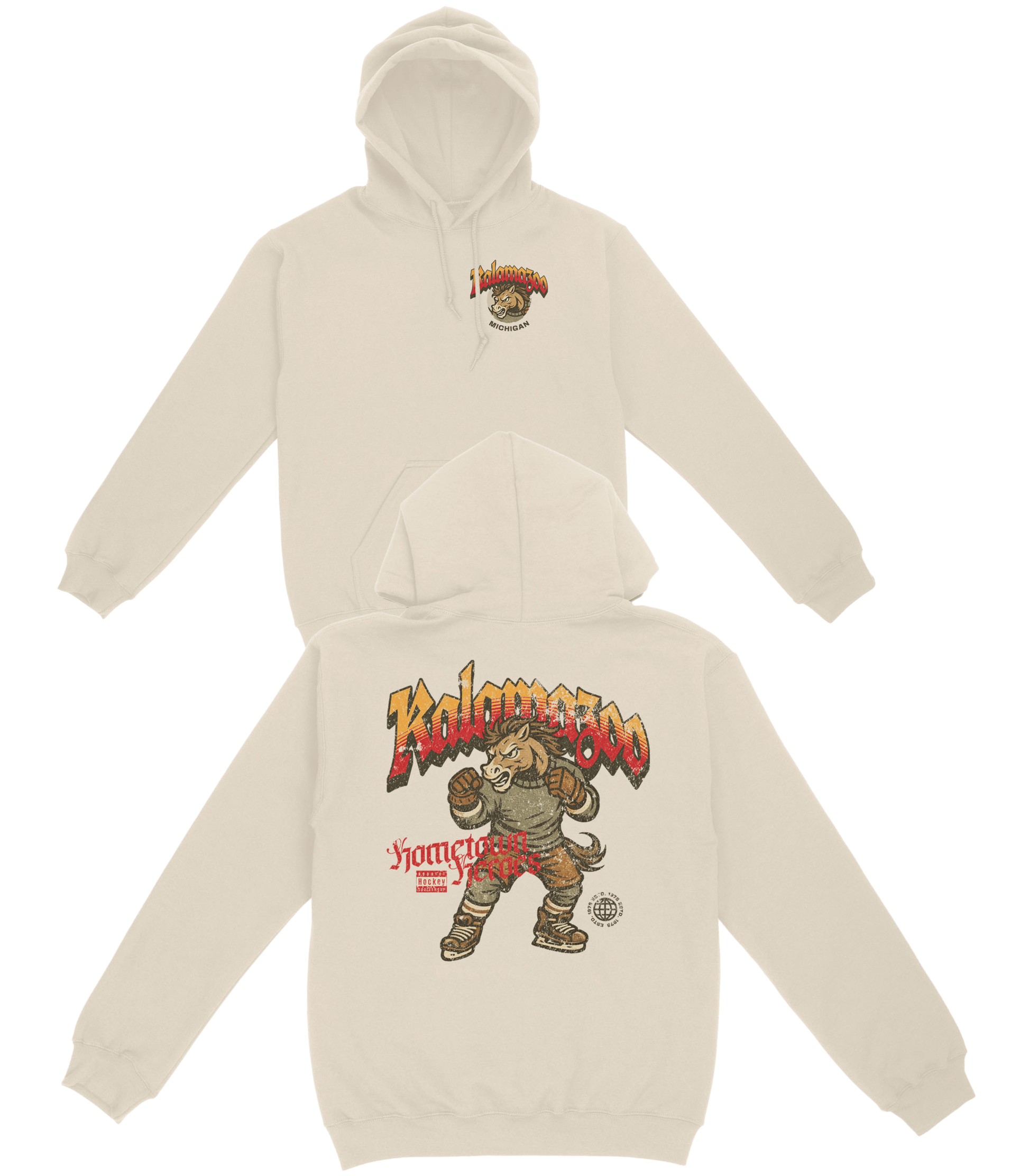 Beige hoodie with graphic design on a white background