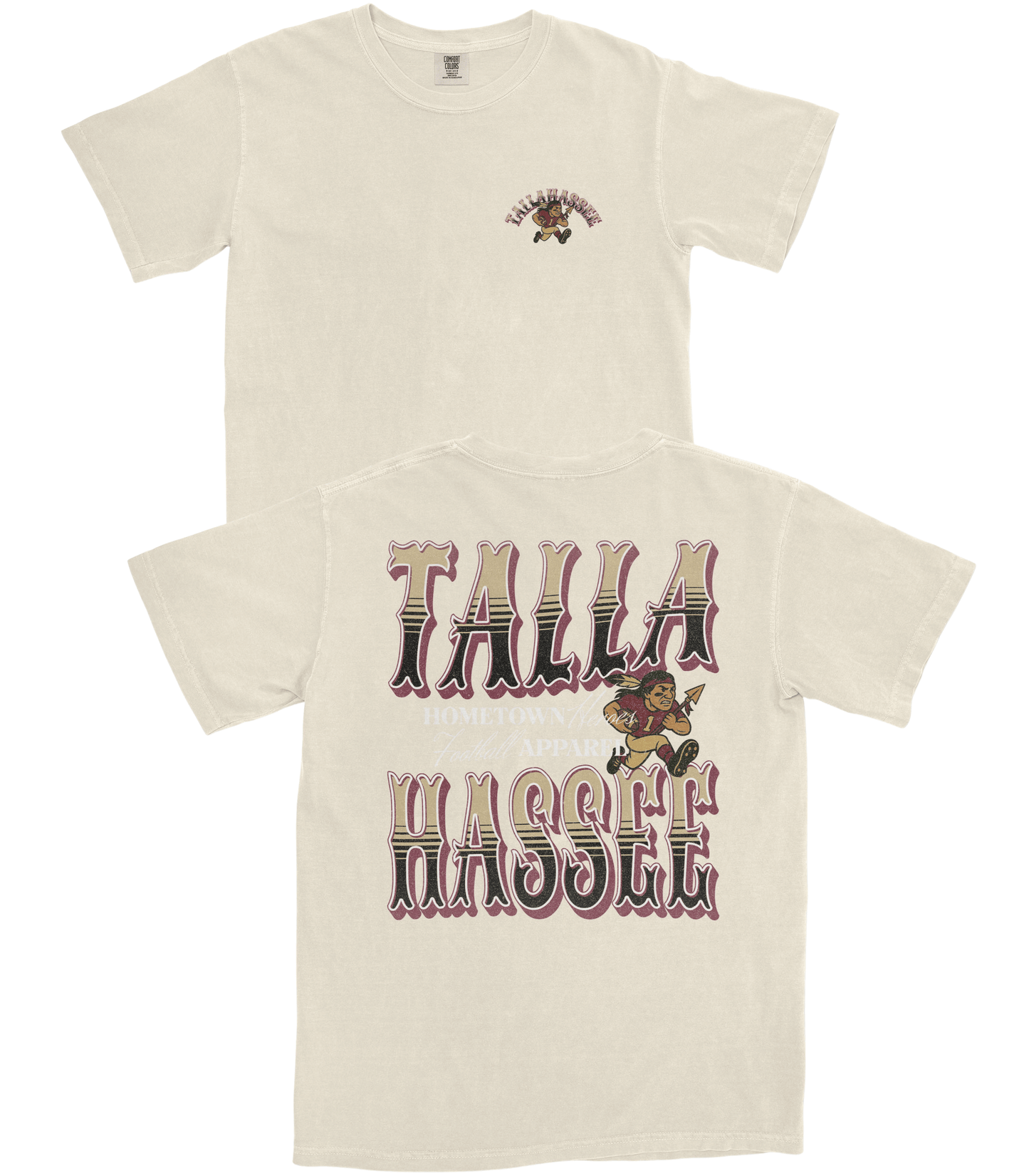 Beige t-shirt with graphic design and text on a white background