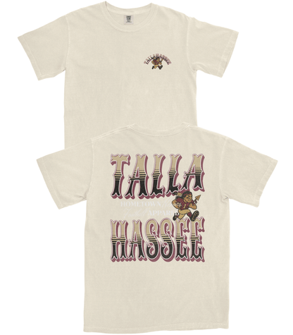 Beige t-shirt with graphic design and text on a white background