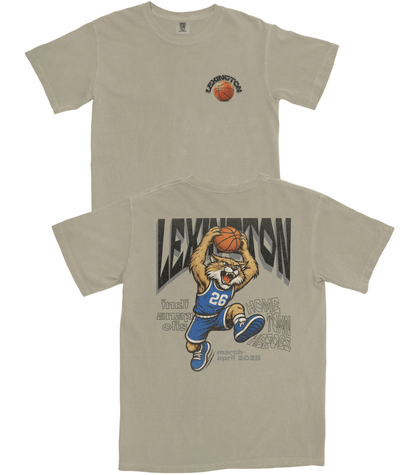Beige t-shirt with a graphic of a lion holding a basketball and text on a white background
