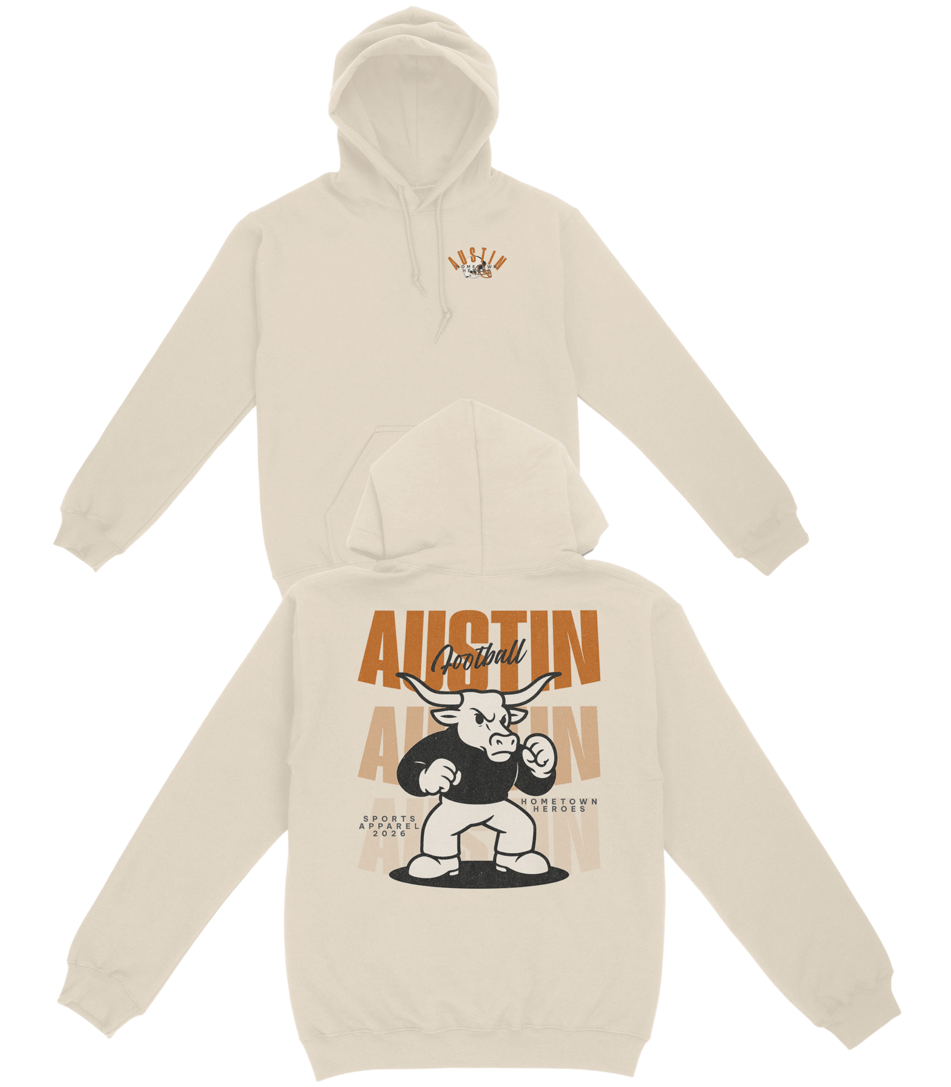 Beige hoodie with 'Austin Alligator' graphic design on a white background