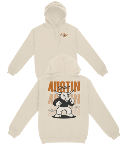 Beige hoodie with 'Austin Alligator' graphic design on a white background