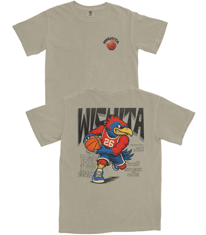 Beige t-shirt with a cartoon rooster holding a basketball and 'Wichita' text on a white background