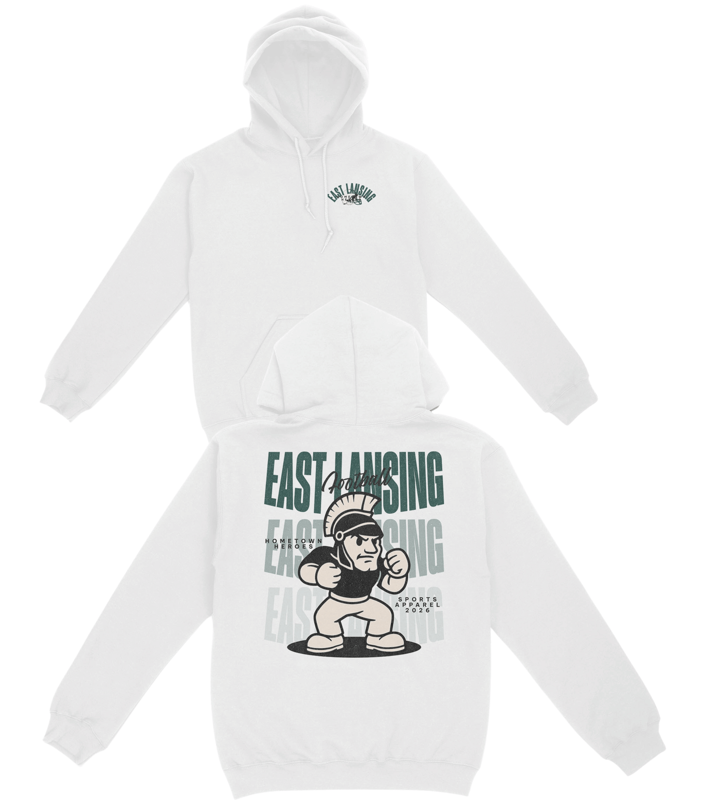 White hoodie with graphic design on a white background