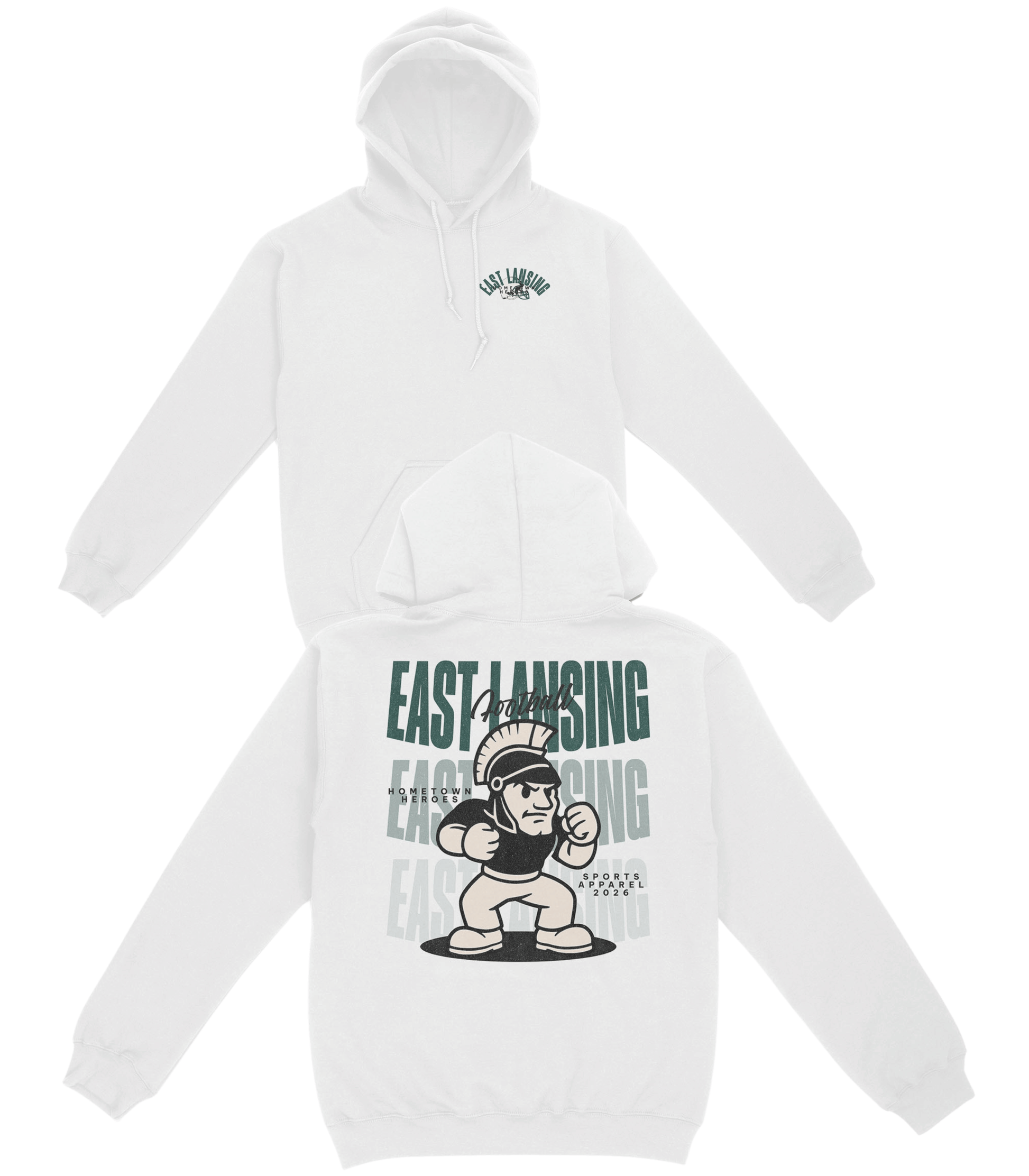 White hoodie with graphic design on a white background
