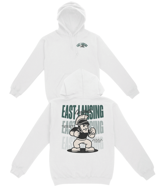 White hoodie with graphic design on a white background