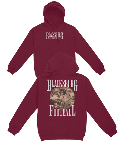 Maroon hoodie with 'Blacksburg Football' text on front and back, on a white background