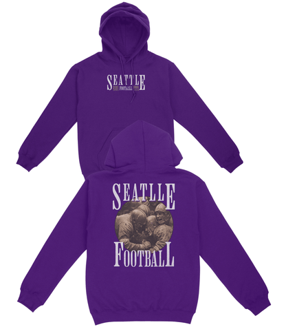 Purple hoodie with 'Seattle Football' text on front and back