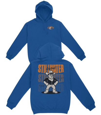 Blue hoodie with a graphic design on the front and back on a white background