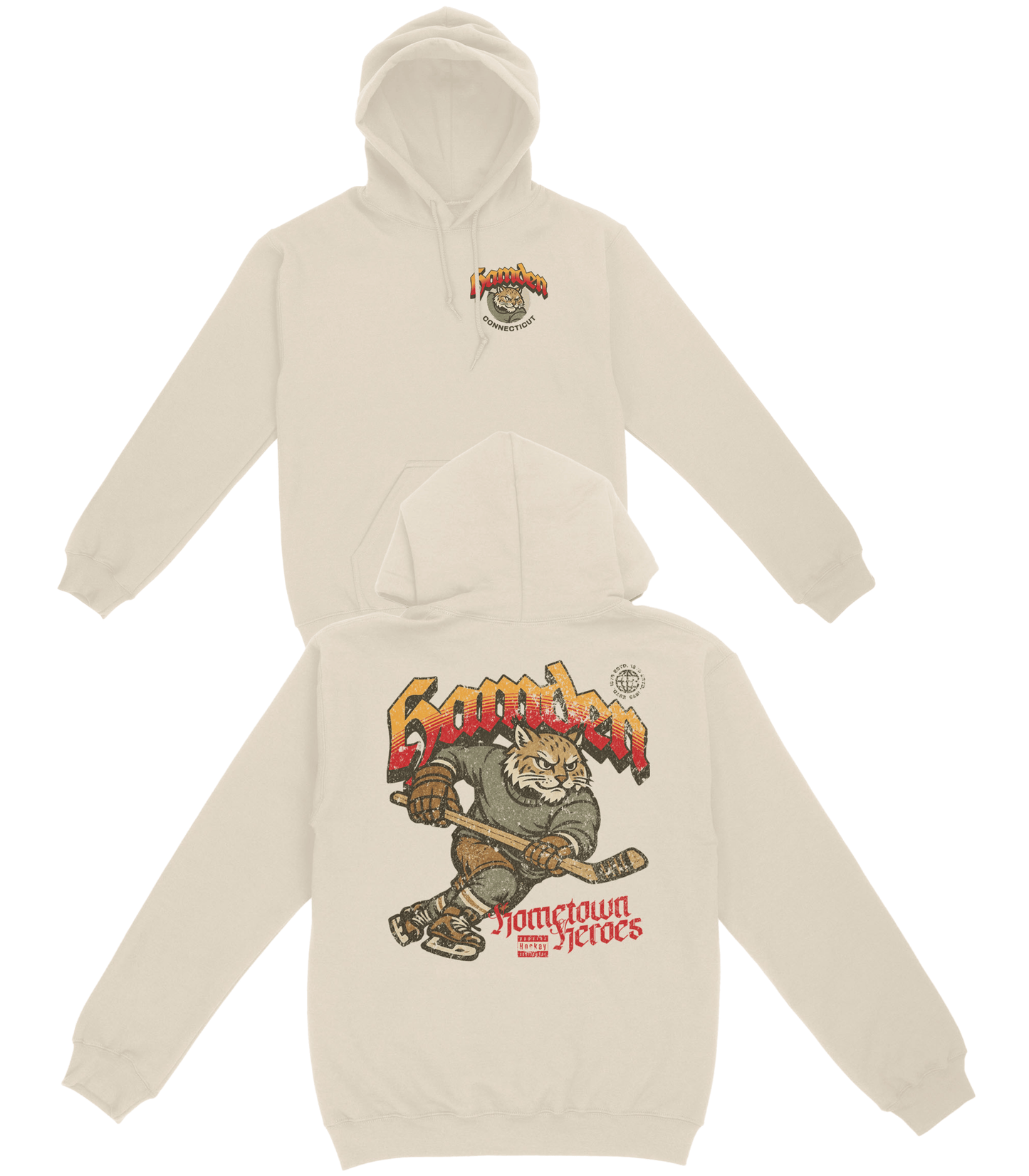 Beige hoodie with graphic design on a white background