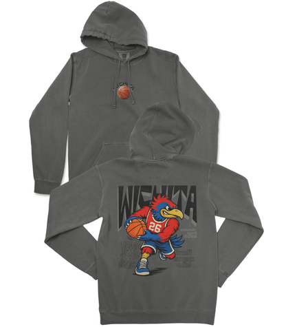 Gray hoodie with a cartoon rooster holding a basketball and 'Wichita' text on a white background
