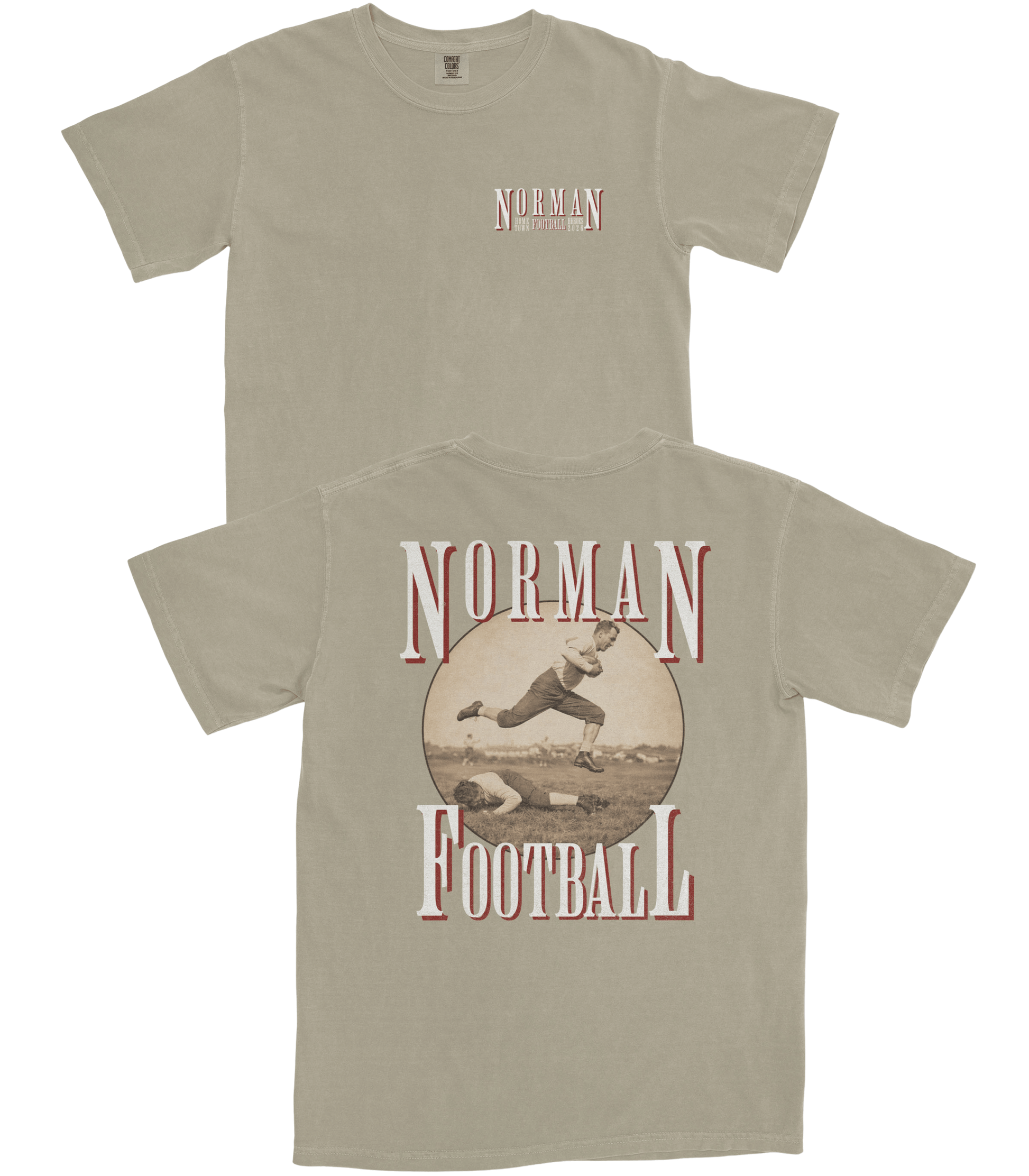 Beige t-shirt with 'Norman Football' design on a white background