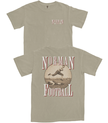 Beige t-shirt with 'Norman Football' design on a white background