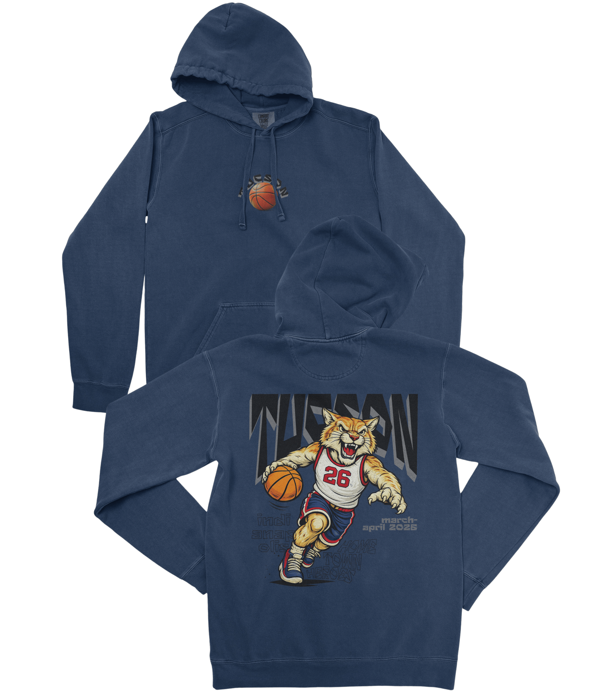 Navy blue hoodie with a tiger graphic and basketball design on a white background