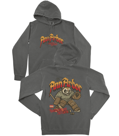 Gray hoodie with 'Ann Arbor' text and graphic design on a white background