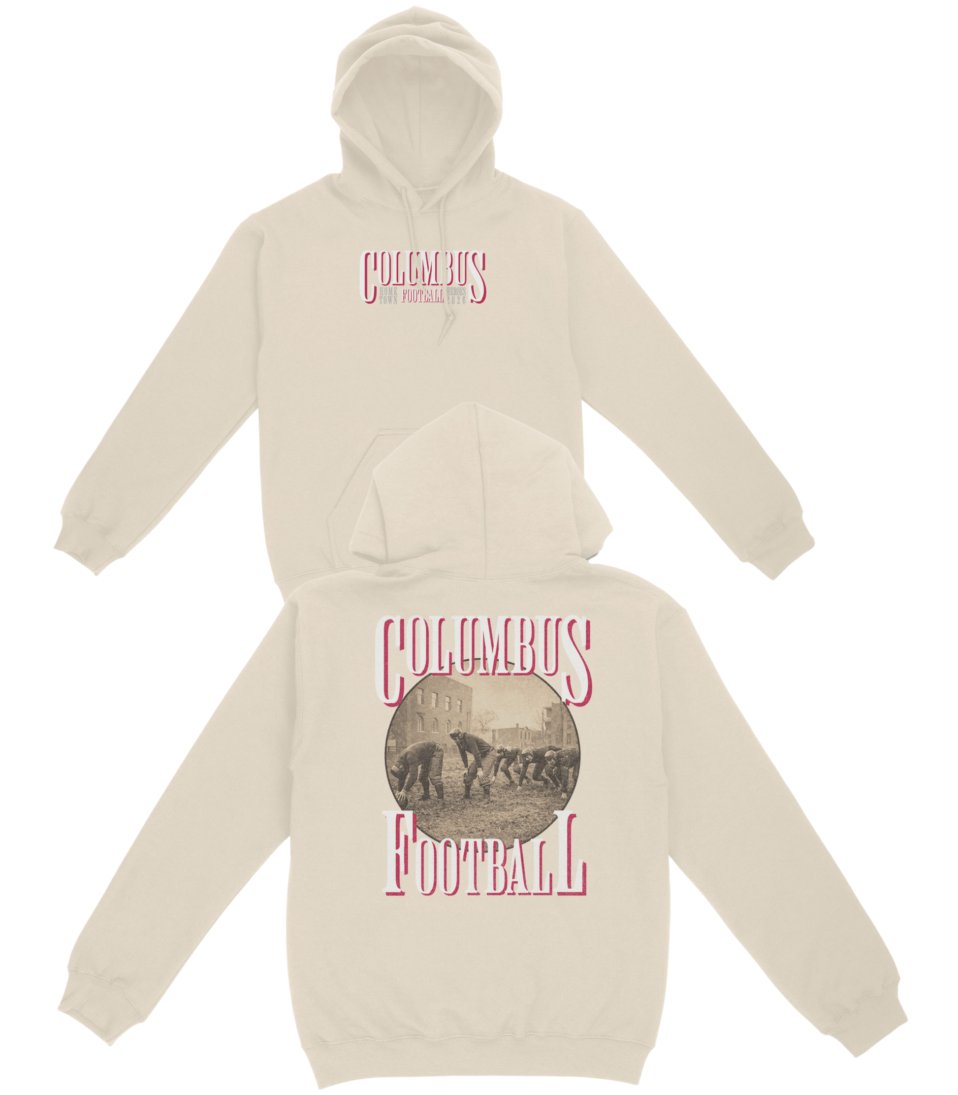 Beige hoodie with 'Columbus Football' design on a white background