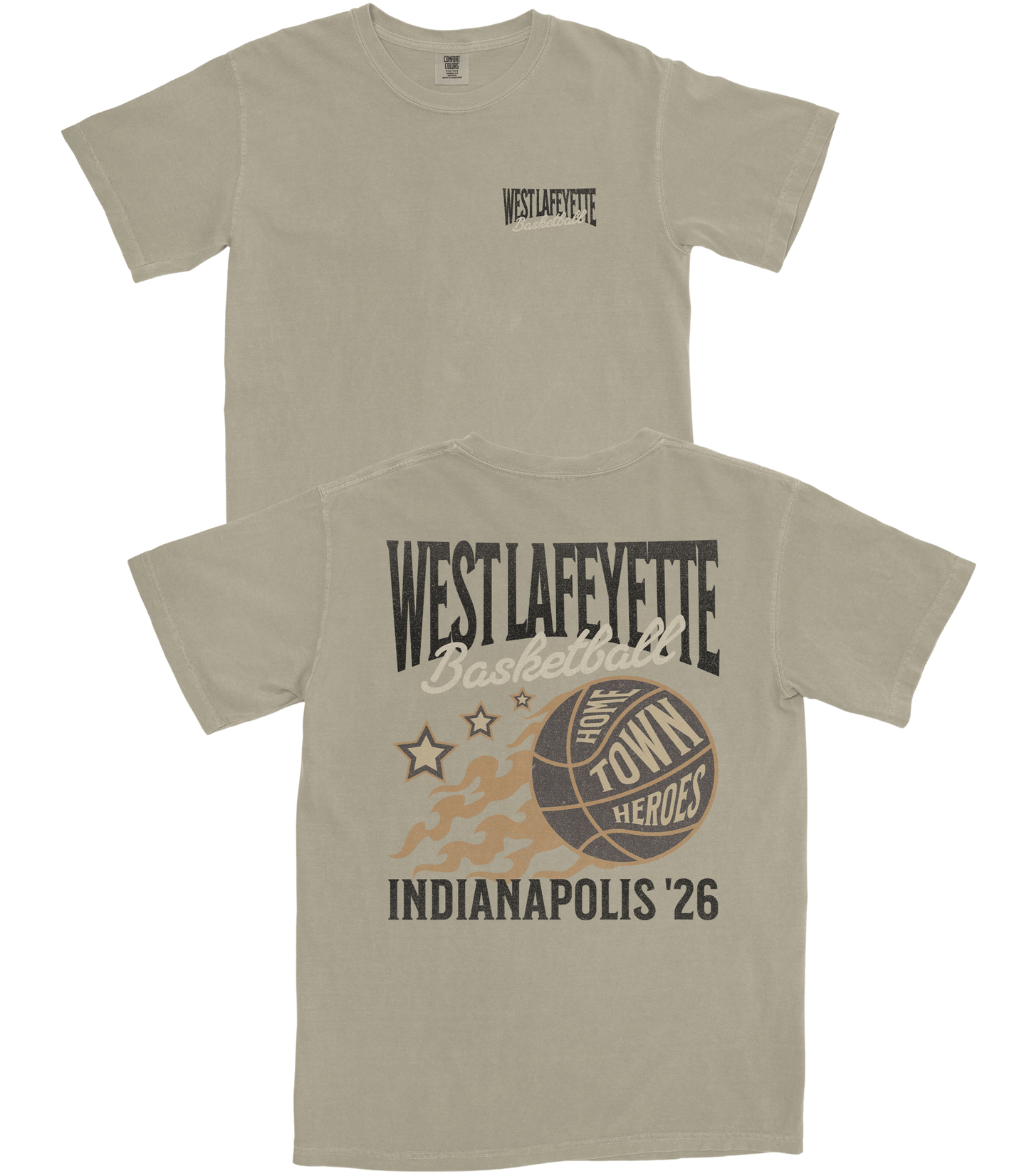 Beige t-shirt with 'West Lafayette Basketball' design on a white background