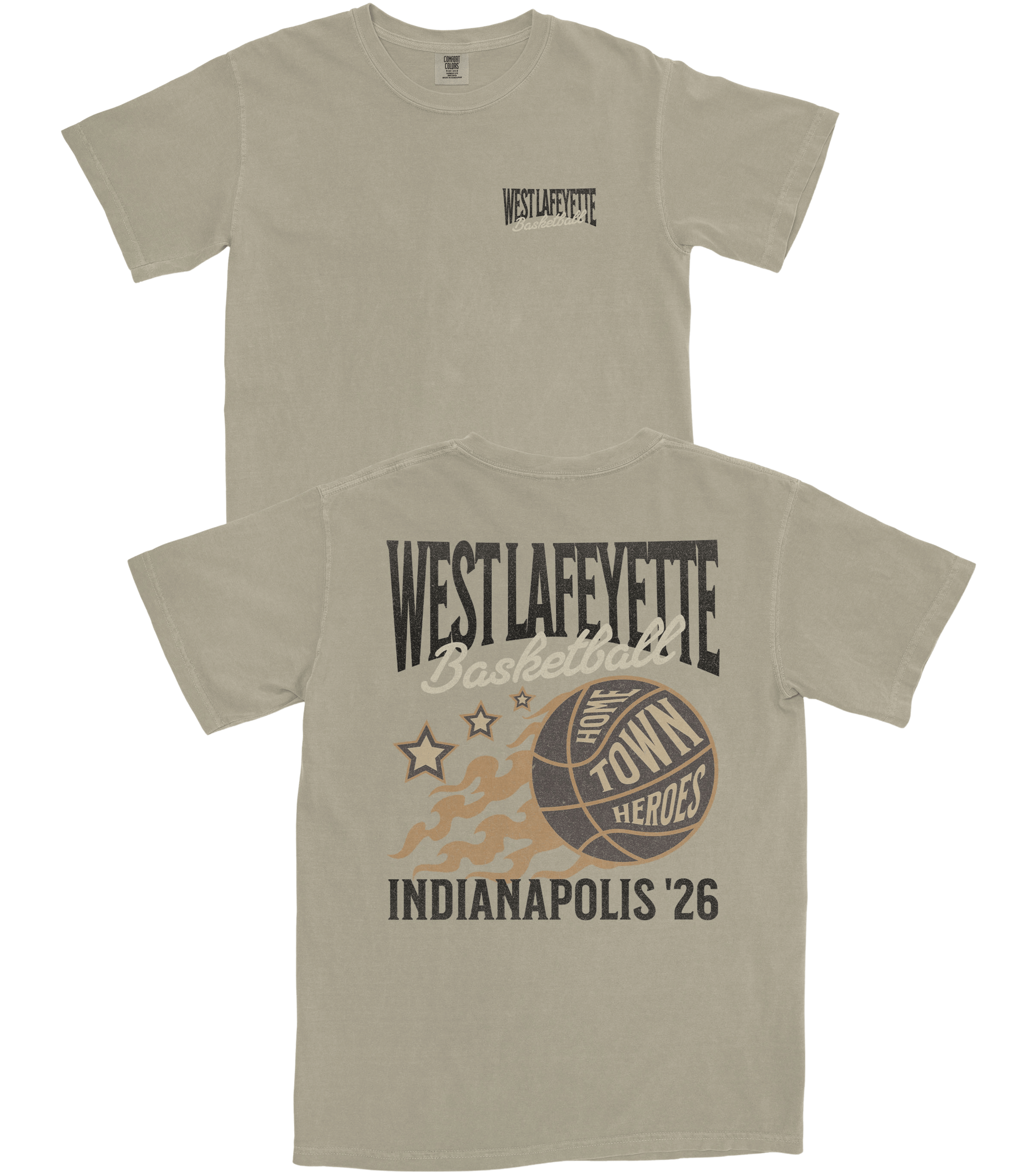 Beige t-shirt with 'West Lafayette Basketball' design on a white background