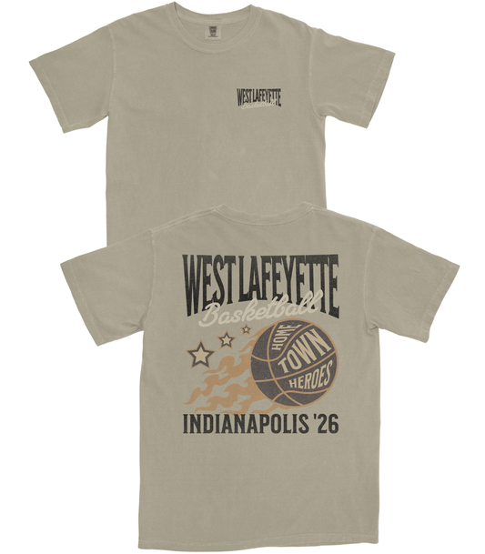 Beige t-shirt with 'West Lafayette Basketball' design on a white background