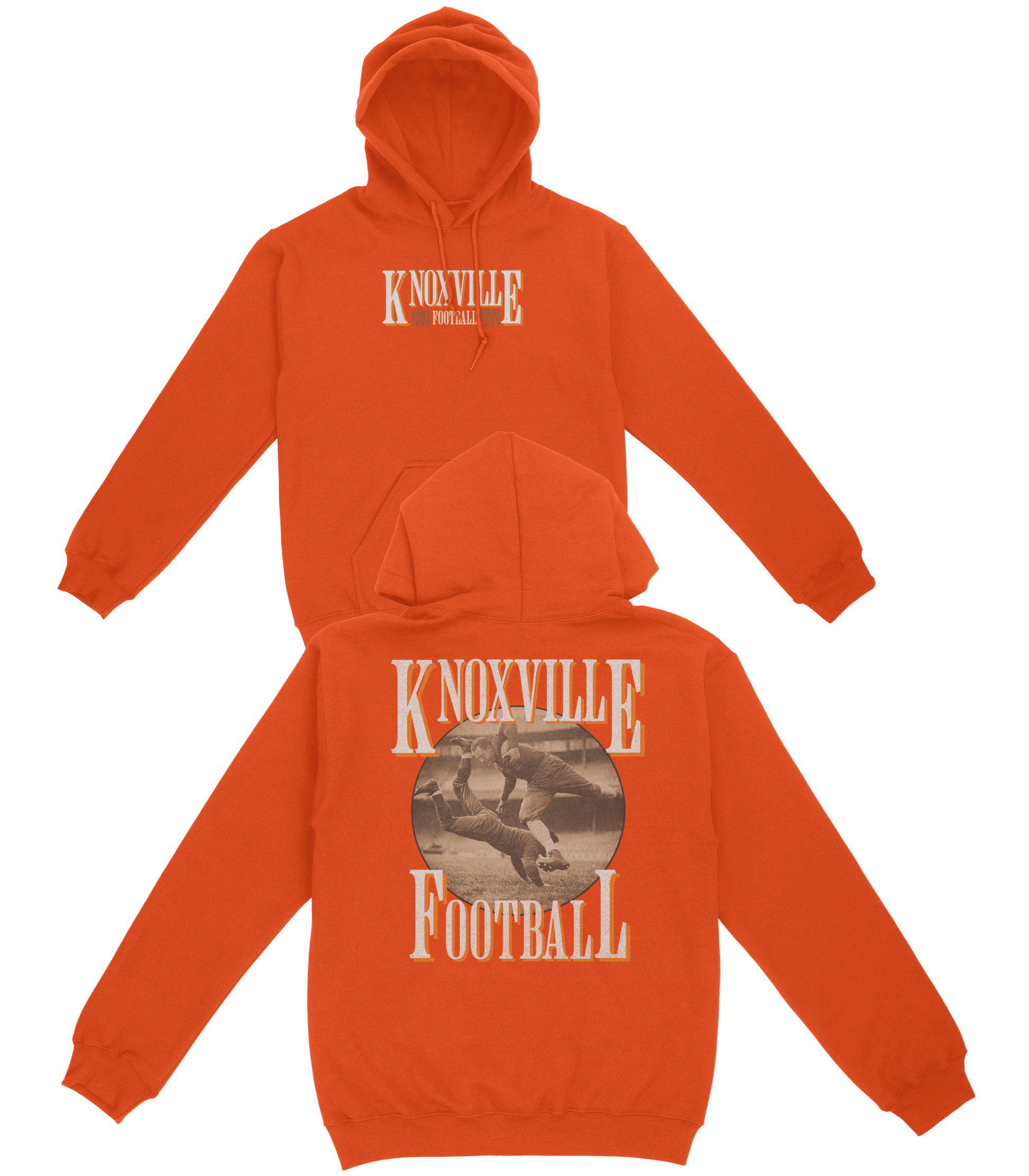 Orange hoodie with 'Knoxville Football' text and graphic on a white background