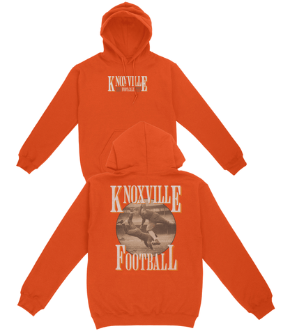 Orange hoodie with 'Knoxville Football' text and graphic on a white background