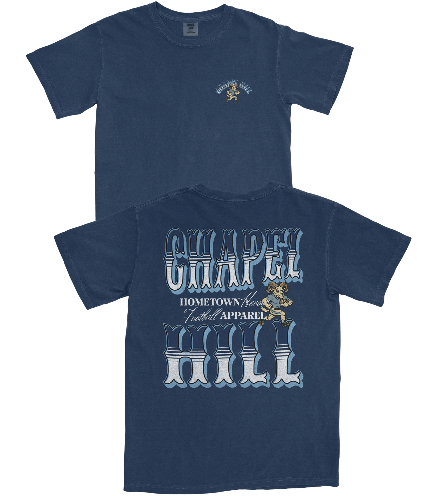 Navy blue t-shirt with graphic design on a white background
