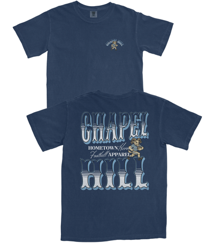 Navy blue t-shirt with graphic design on a white background
