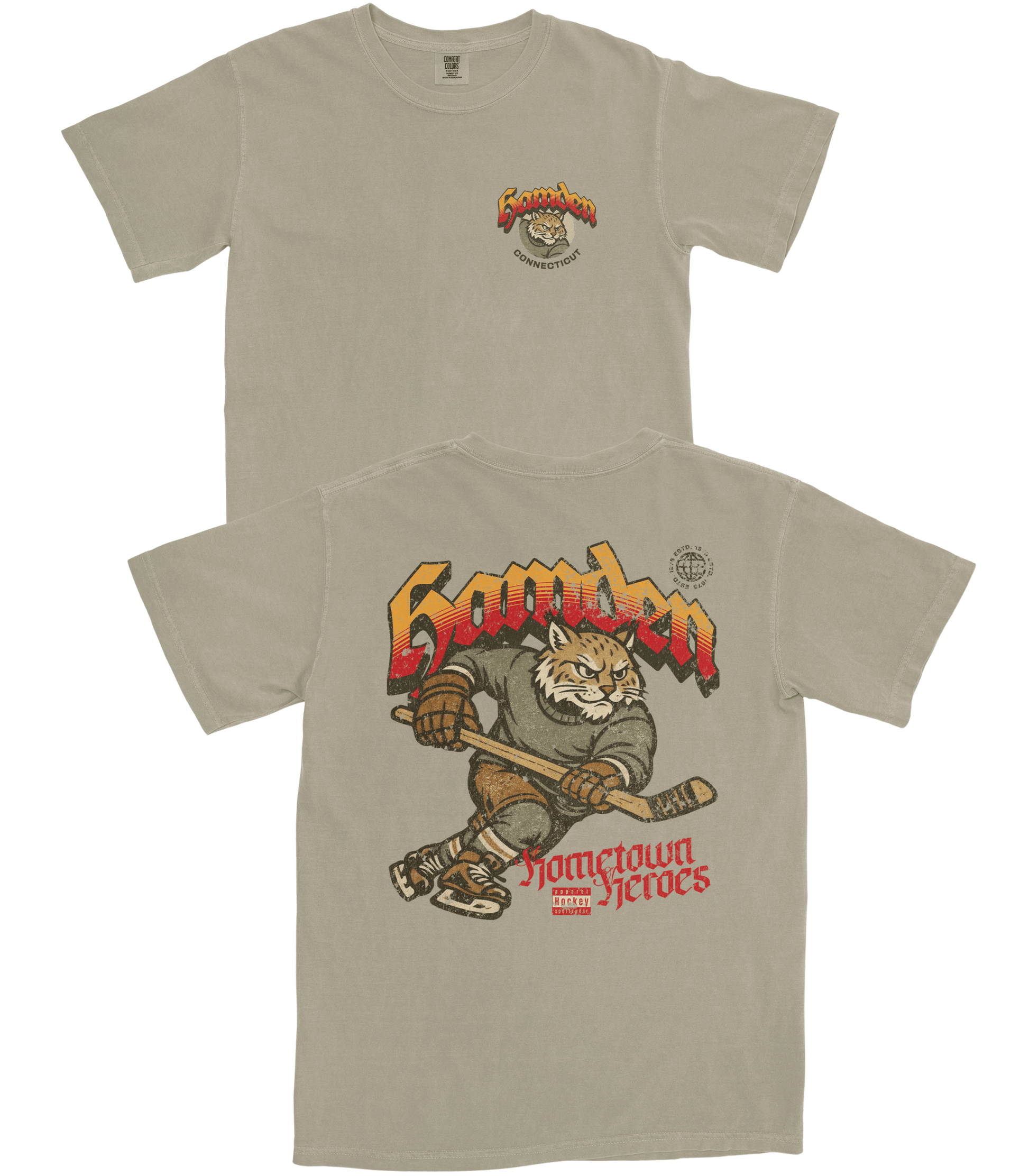 Beige t-shirt with graphic design of a bear holding a hockey stick and text on a white background