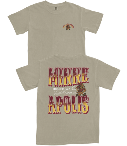 Beige t-shirt with graphic design and text on a white background