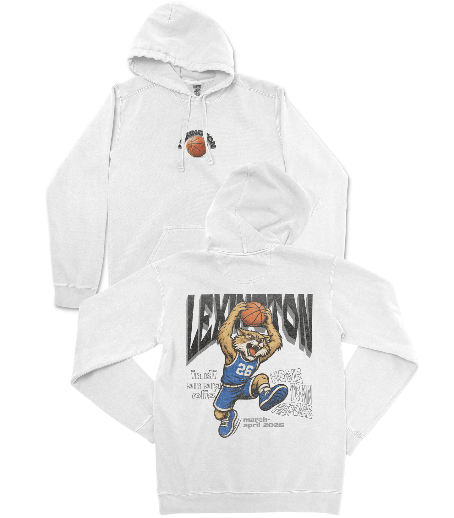 White hoodie with a graphic design of a lion and text on a white background