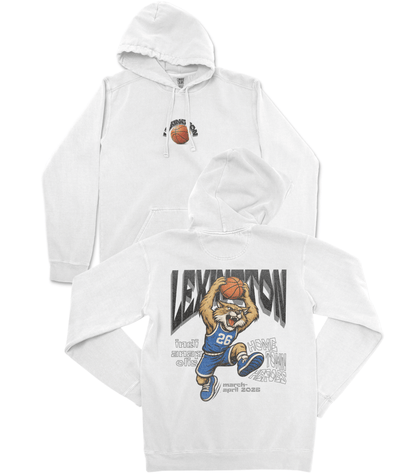 White hoodie with a graphic design of a lion and text on a white background
