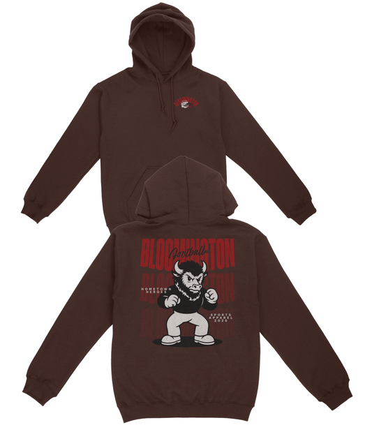 Brown hoodie with graphic design on front and back on a white background