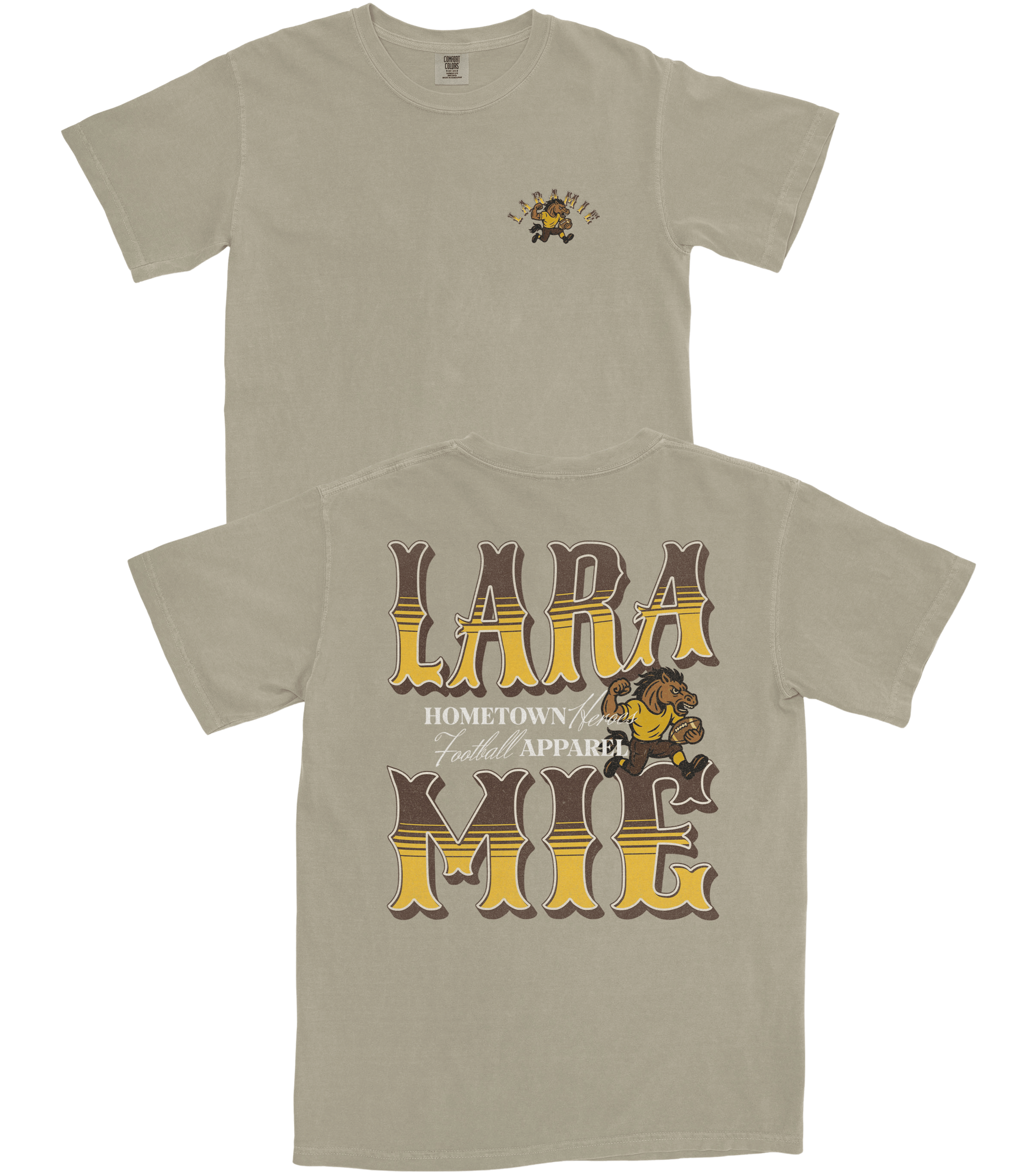 Beige t-shirt with graphic design and text on a white background