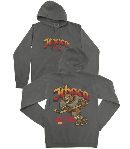 Gray hoodie with 'Jthica' logo on front and bear graphic on back, on a white background