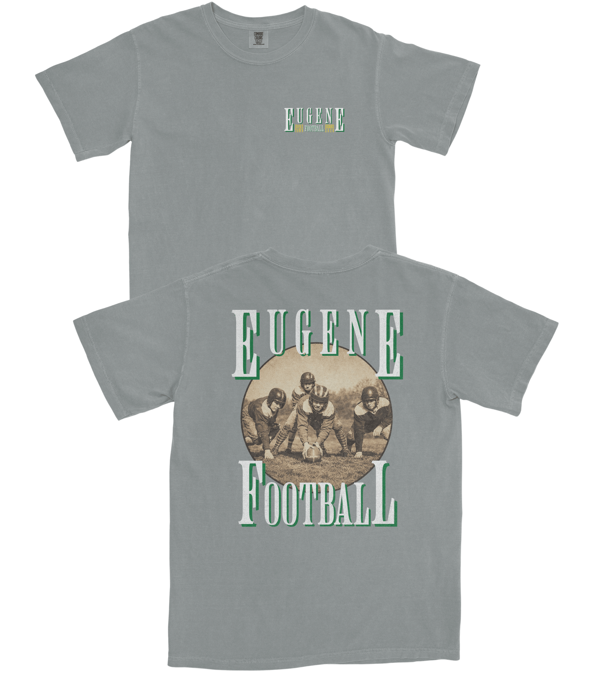 Gray t-shirt with 'Eugene Football' design on a white background