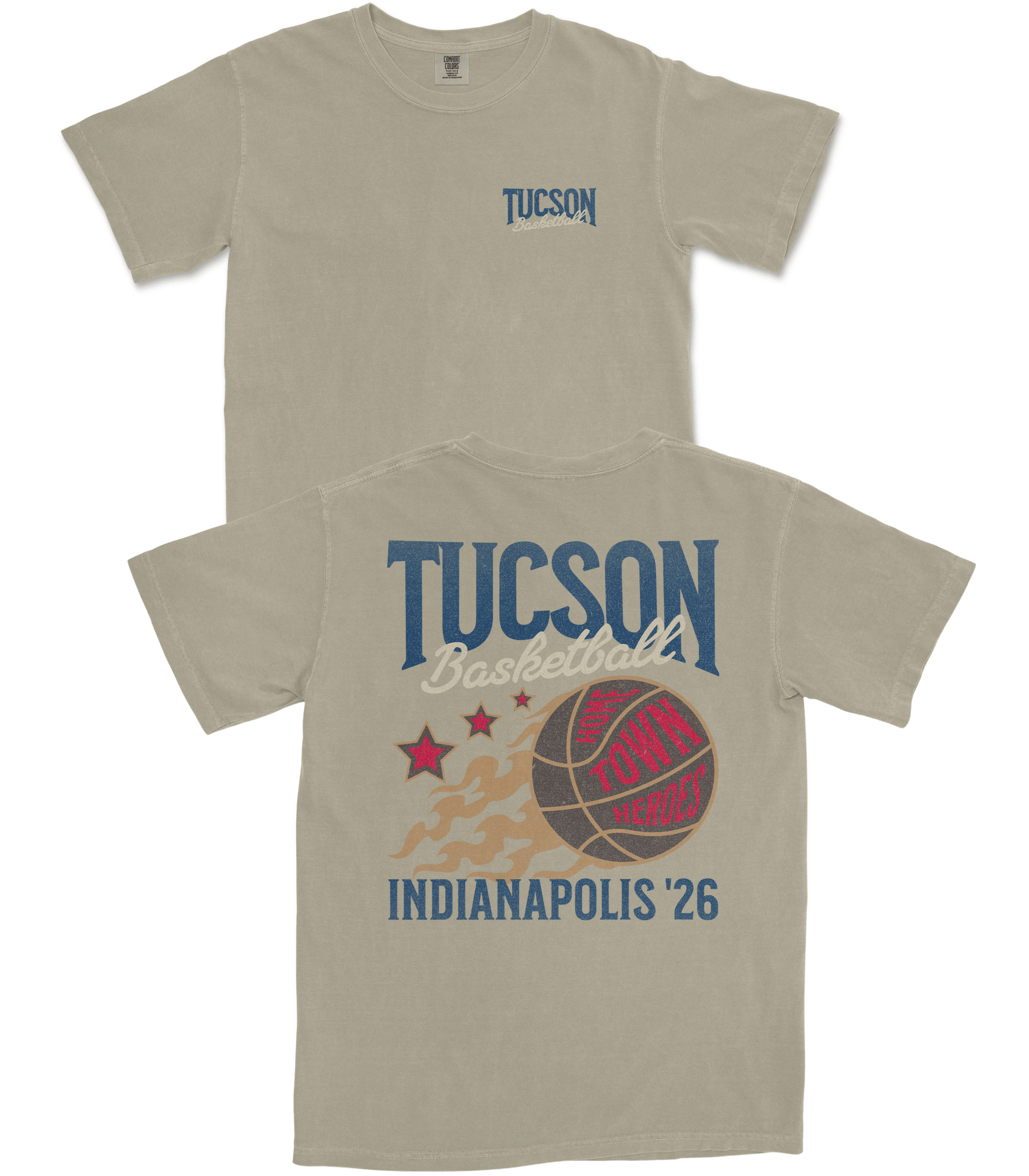 Beige t-shirt with 'Tucson Basketball' design on a white background