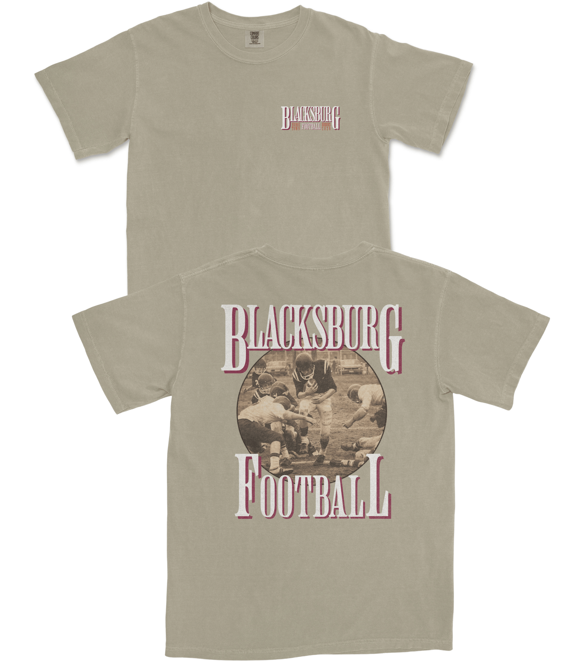 Beige t-shirt with 'Blacksburg Football' design on a white background