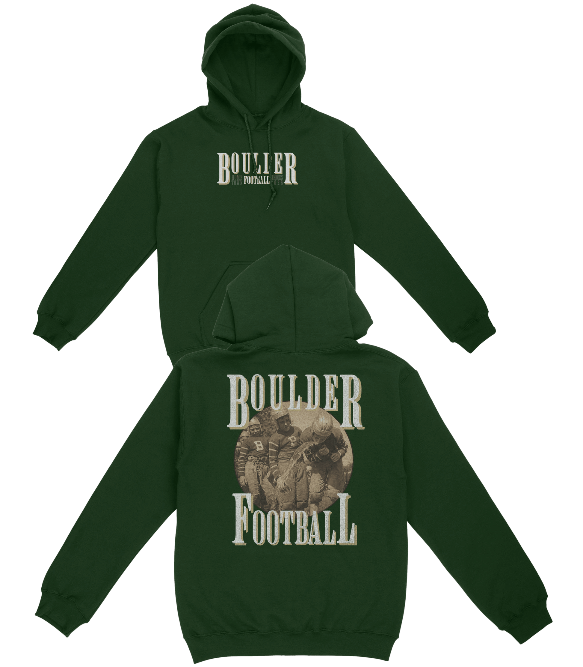 Green hoodie with 'Boulder Football' text on front and back, displayed flat.