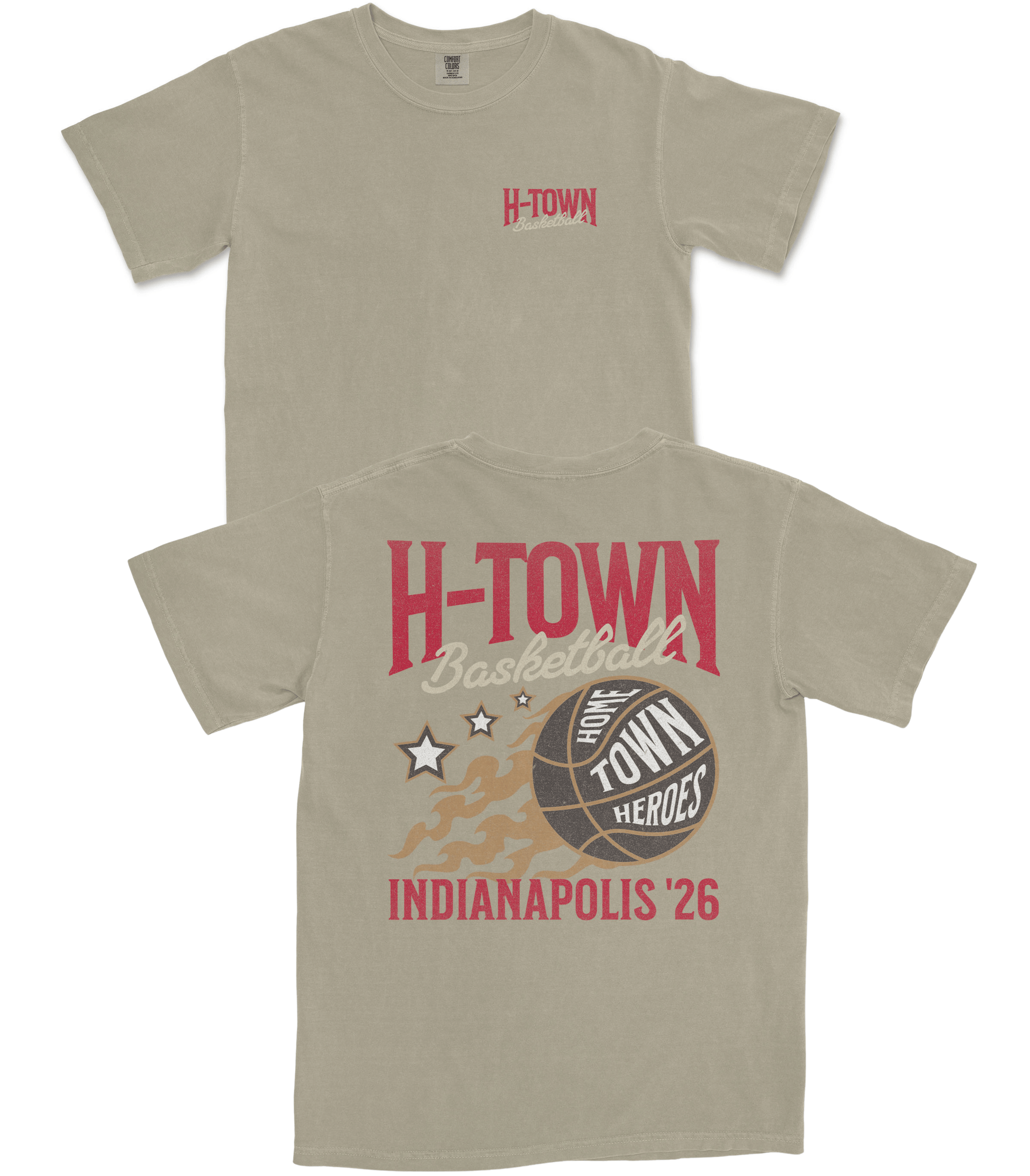 Beige t-shirt with 'H-Town Basketball' design on a white background