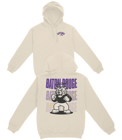 Beige hoodie with 'Baton Rouge' text and graphic on a white background