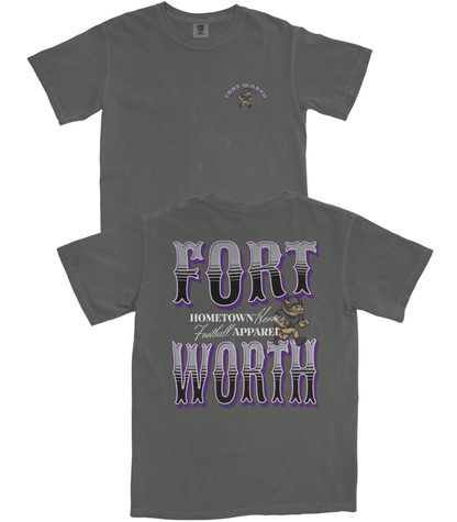 Gray t-shirt with 'Fort Worth' text and logo on a white background