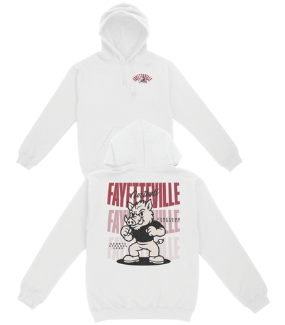 White hoodie with graphic design on a white background