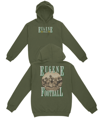 Green hoodie with 'Eugene Football' text and graphics on a white background
