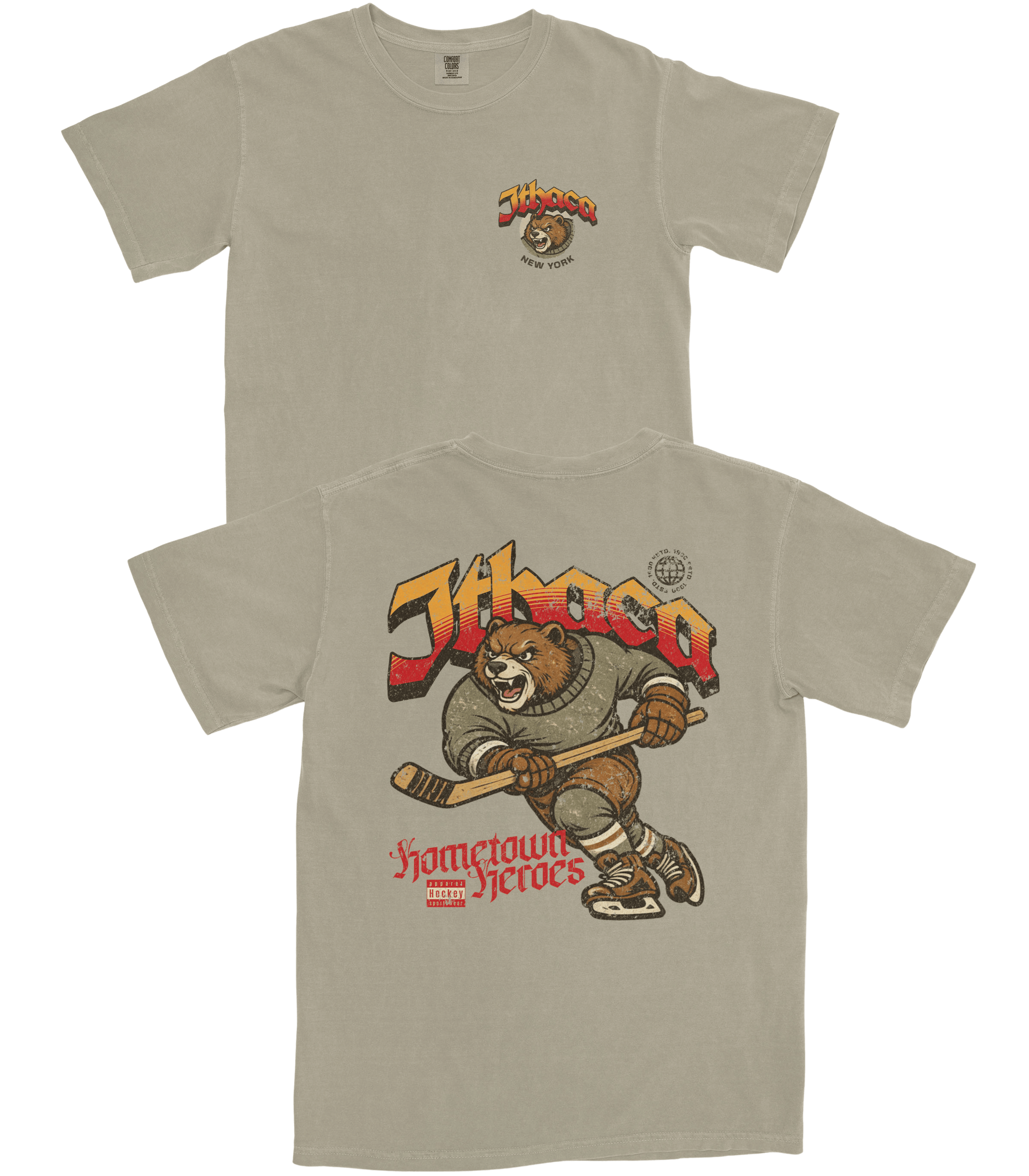 Beige t-shirt with bear graphic and 'Jhaco' branding on a white background