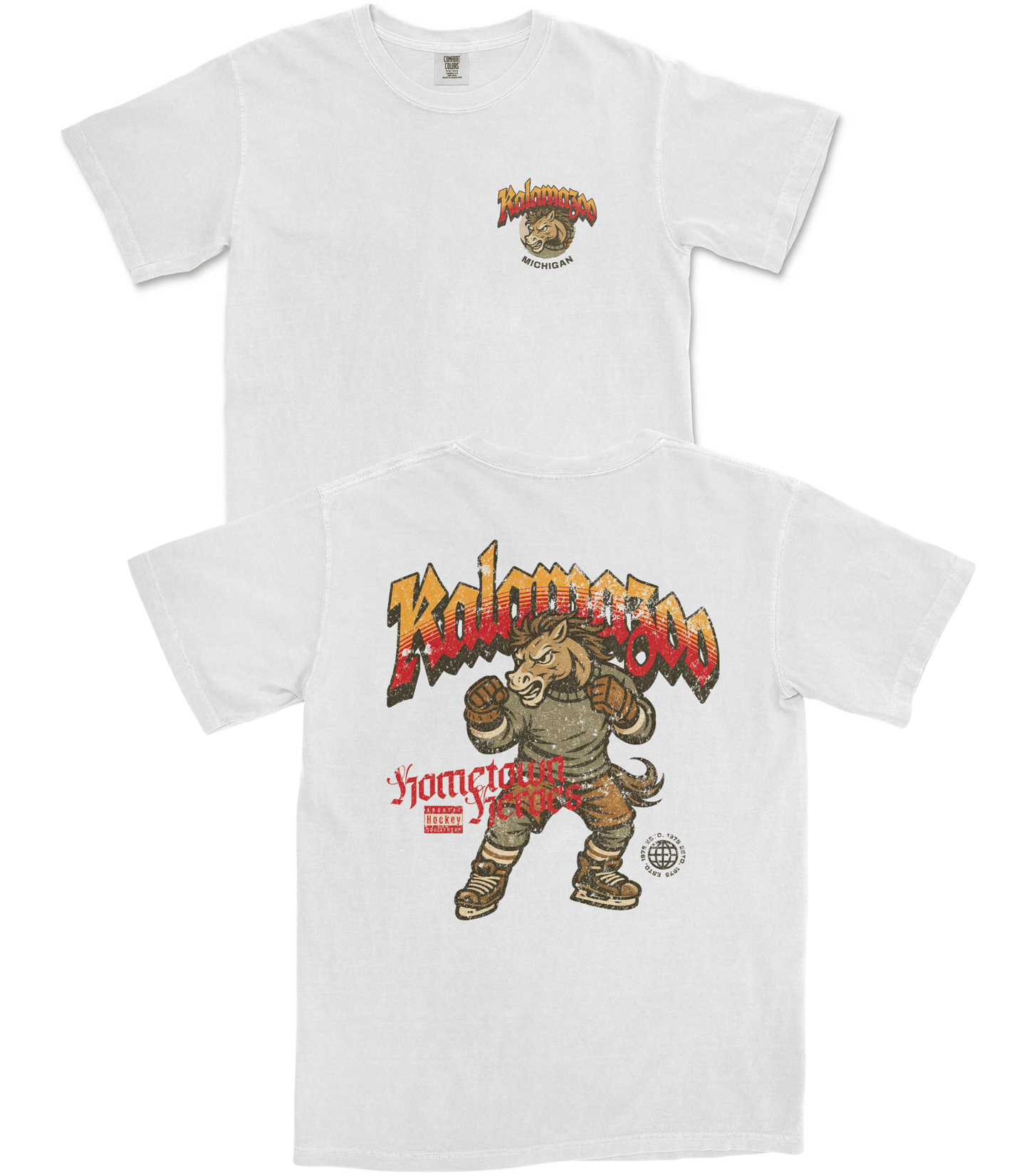 White t-shirt with cartoon character and text design on a white background