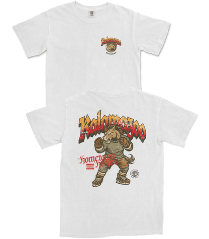 White t-shirt with cartoon character and text design on a white background