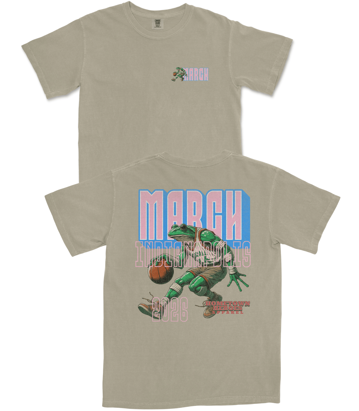 Beige t-shirt with a graphic design of a frog playing basketball and text on a white background