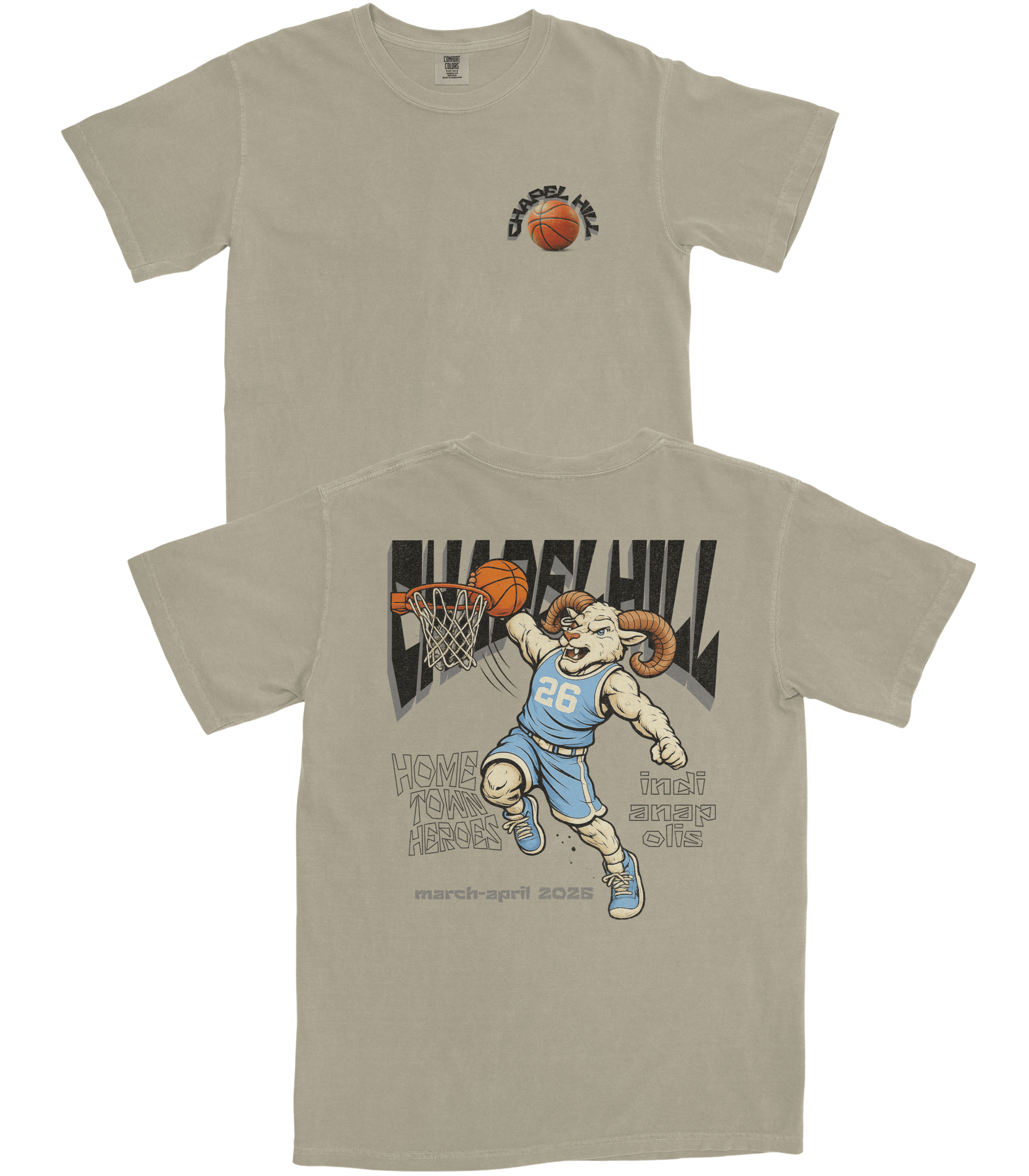 Beige t-shirt with graphic of a ram playing basketball and text on a white background