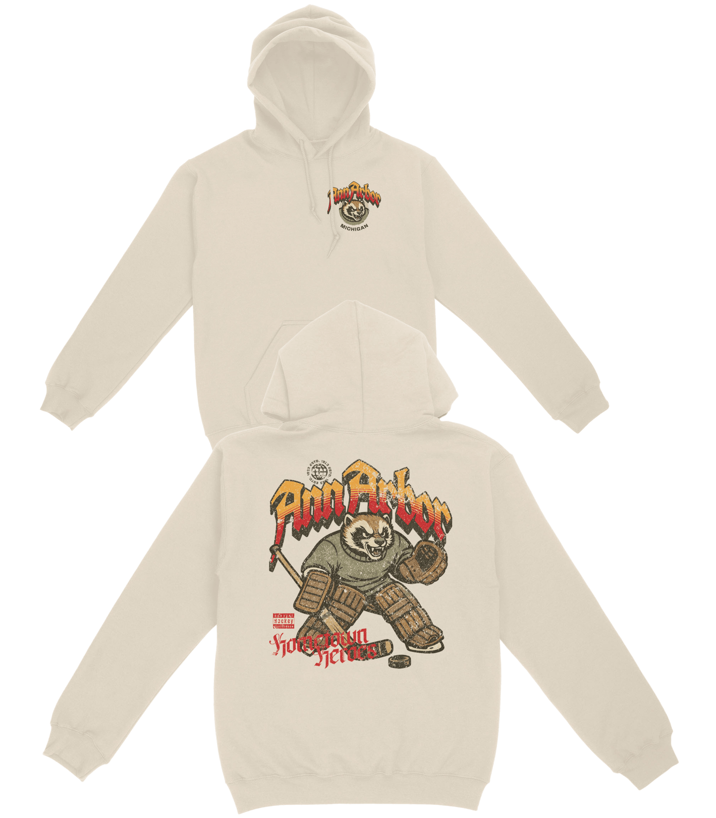 Beige hoodie with graphic design on a white background